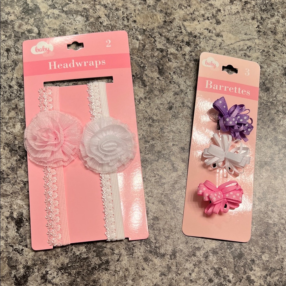Baby Headwraps & Barrettes Set - White, Pink, Purple